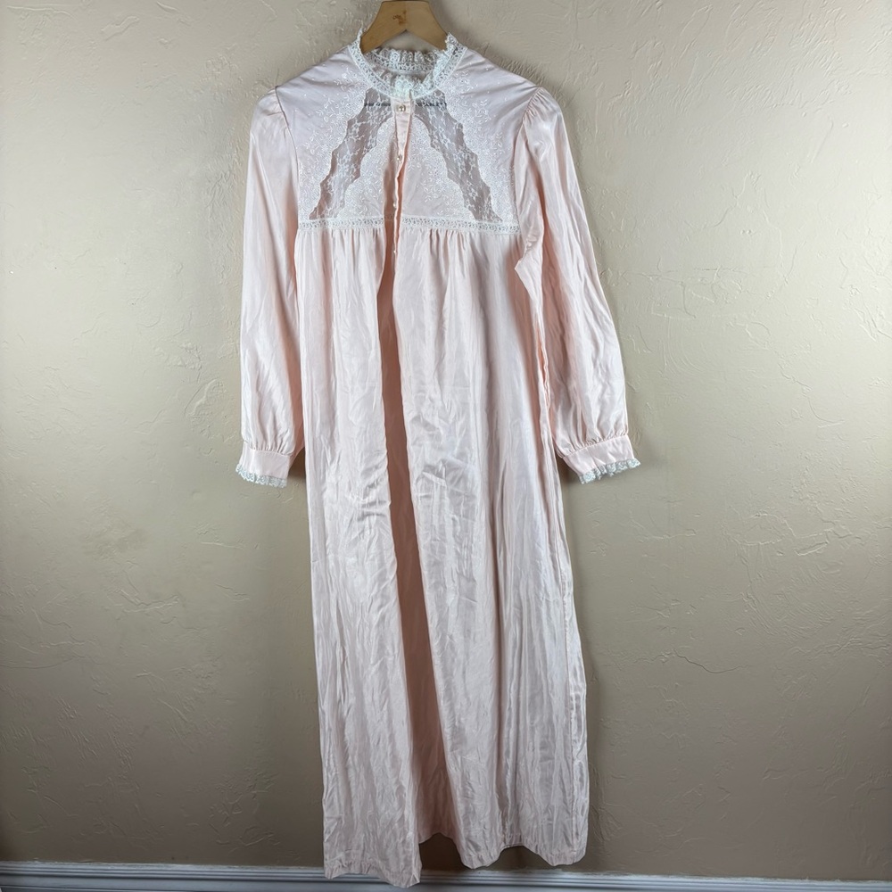 Vintage Pink Victorian Style Satin Nightgown Nightie Lace Detail USA Medium